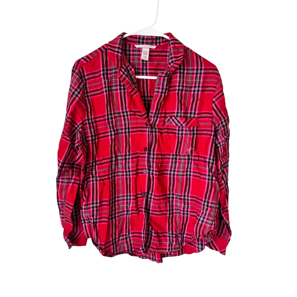 Victoria's Secret Red Pink Plaid Lurex Button Down Pajama Top Small